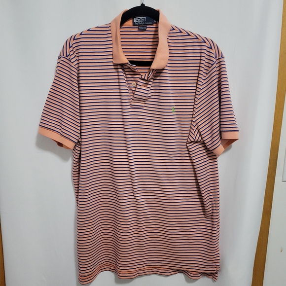 Polo By Ralph Lauren Men's Polo Shirt - Peach and Navy Stripes, Size L - Picture 1 of 3